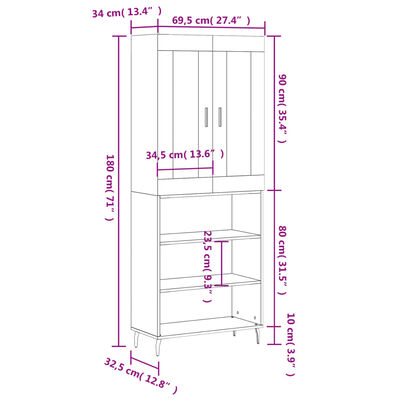 vidaXL Highboard Brown Oak 69.5x34x180 cm Engineered Wood