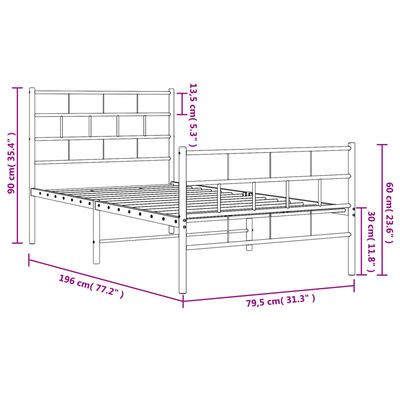 vidaXL Metal Bed Frame without Mattress with Footboard White 75x190 cm Small Single