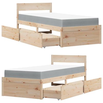 vidaXL Bed with Drawers and Mattress 90x190 cm Single Solid Wood Pine