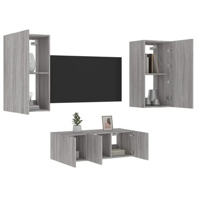 vidaXL 4 Piece TV Wall Units with LED Grey Sonoma Engineered Wood