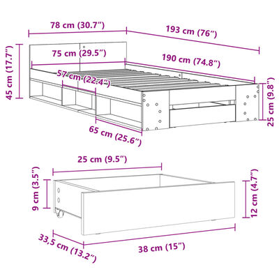 vidaXL Bed Frame with Drawer without Mattress Sonoma Oak 75x190 cm Small Single