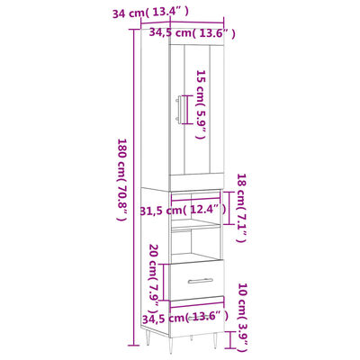 vidaXL Highboard White 34.5x34x180 cm Engineered Wood