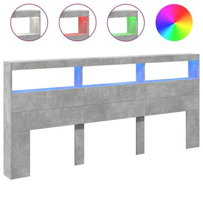 vidaXL Headboard Cabinet with LED Concrete Grey 220x17x102 cm