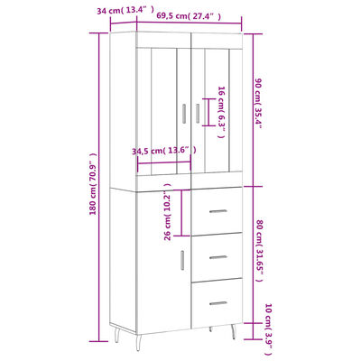 vidaXL Highboard Brown Oak 69.5x34x180 cm Engineered Wood