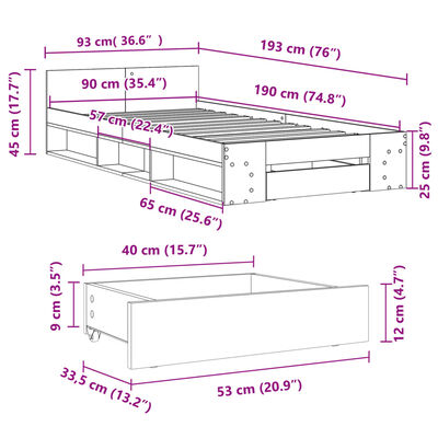 vidaXL Bed Frame with Drawer without Mattress Sonoma Oak 90x190 cm Single