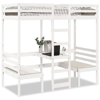 vidaXL Loft Bed Frame with Desk and Chairs White 75x190cm Solid Wood Pine