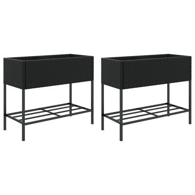 vidaXL Garden Planters with Shelf 2 pcs Black 90x40x75 cm Poly Rattan