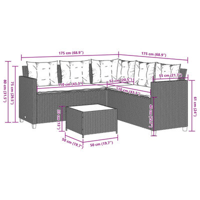 vidaXL Garden Sofa with Table and Cushions L-Shaped Grey Poly Rattan