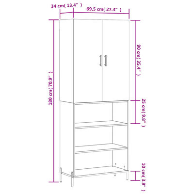 vidaXL Highboard Grey Sonoma 69.5x34x180 cm Engineered Wood