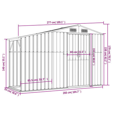 vidaXL Garden Shed Grey 277x93x179 cm Galvanised Steel