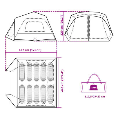 vidaXL Family Tent with LED 10-Person Light Green Quick Release