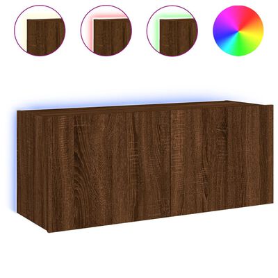 vidaXL TV Wall Cabinet with LED Lights Brown Oak 100x35x41 cm