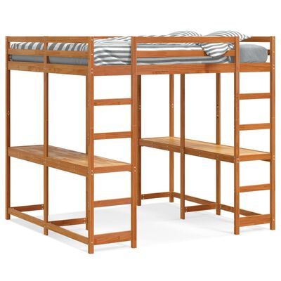 vidaXL Loft Bed with Desk and Ladder Wax Brown 140x200 cm Solid Wood Pine