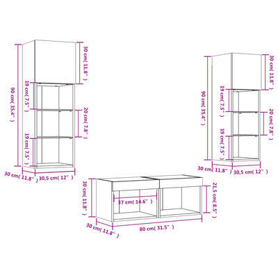 vidaXL 4 Piece TV Wall Cabinets with LED Lights Grey Sonoma