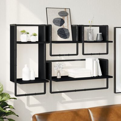 vidaXL 4 Piece Wall Shelf Set with Bars Black Engineered Wood