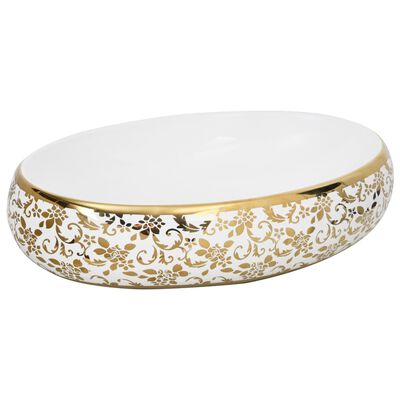 vidaXL Countertop Basin White and Gold Oval 59x40x15 cm Ceramic