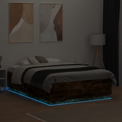 vidaXL Bed Frame with LED without Mattress Smoked Oak 135x190 cm Double