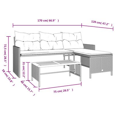 vidaXL Garden Sofa with Table and Cushions L-Shaped Grey Poly Rattan