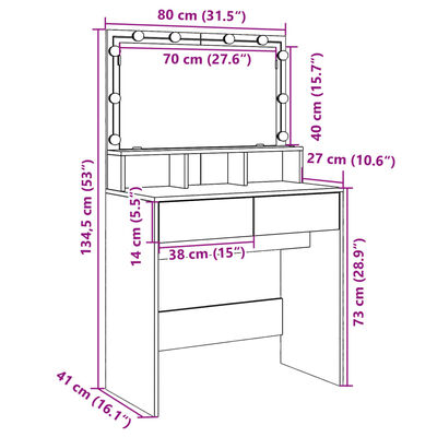 vidaXL Dressing Table with LED Smoked Oak 80x41x134.5 cm