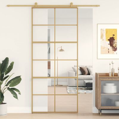 vidaXL Sliding Door Gold 90x205 cm Clear ESG Glass and Aluminium