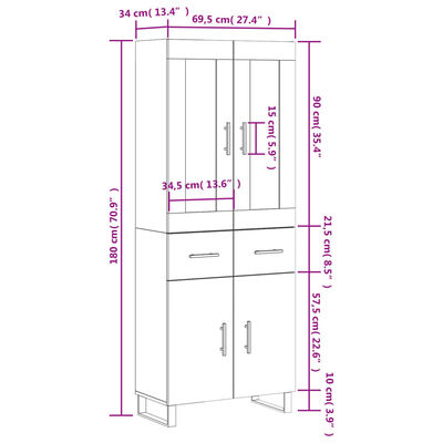 vidaXL Highboard Brown Oak 69.5x34x180 cm Engineered Wood