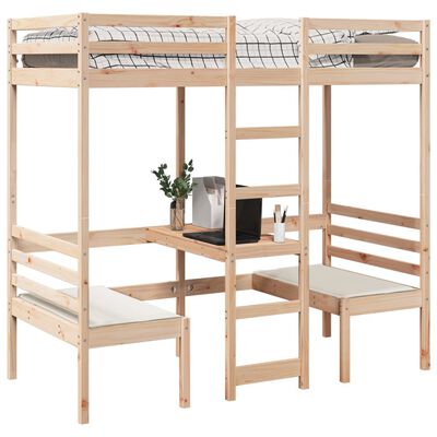 vidaXL Loft Bed Frame with Desk and Chairs 75x190cm Solid Wood Pine