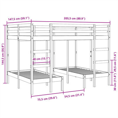 vidaXL Triple Bunk Bed Frame White 140x200/70x140 cm Solid Wood Pine