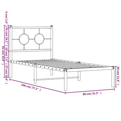 vidaXL Metal Bed Frame without Mattress with Headboard Black 75x190 cm Small Single