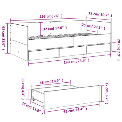 vidaXL Daybed with Drawers without Mattress Sonoma Oak 75x190 cm Small Single