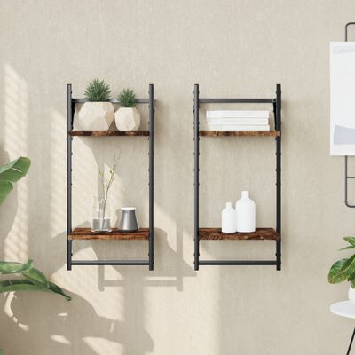 vidaXL 2-Tier Wall Shelves with Bars 2 pcs Smoked Oak 30x25x65 cm