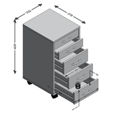 FMD Mobile 5 Drawer Cabinet White