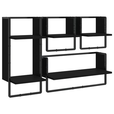 vidaXL 4 Piece Wall Shelf Set with Bars Black Engineered Wood