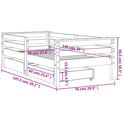 vidaXL Kids Bed Frame with Drawers 70x140 cm Solid Wood Pine