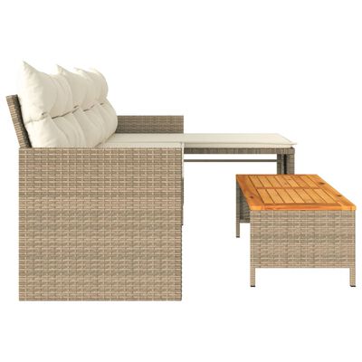 vidaXL Garden Sofa with Table and Cushions L-Shaped Beige Poly Rattan