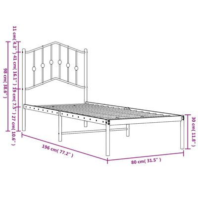 vidaXL Metal Bed Frame without Mattress with Headboard Black 75x190 cm Small Single