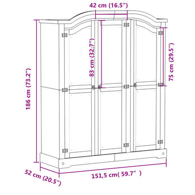 vidaXL Wardrobe Corona 151.5x52x186 cm Solid Wood Pine