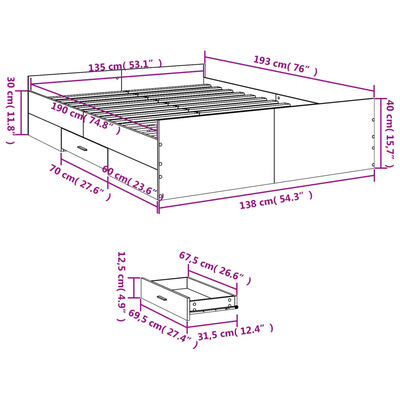 vidaXL Bed Frame with Drawers without Mattress Black 135x190 cm Double