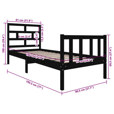 vidaXL Bed Frame without Mattress Black Solid Wood Pine Small Single