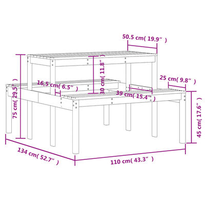 vidaXL Picnic Table Wax Brown 110x134x75 cm Solid Wood Pine