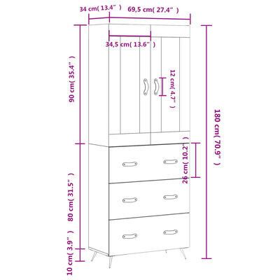 vidaXL Highboard Concrete Grey 69.5x34x180 cm Engineered Wood