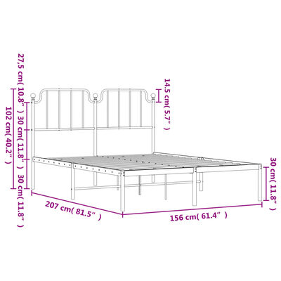 vidaXL Metal Bed Frame without Mattress with Headboard White 150x200 cm King Size