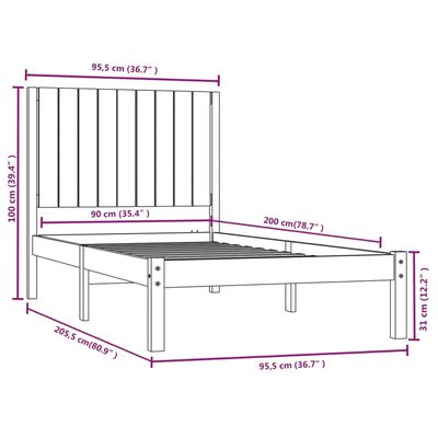 vidaXL Bed Frame without Mattress Grey 90x200 cm Solid Wood Pine