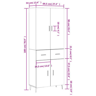 vidaXL Highboard White 69.5x34x180 cm Engineered Wood