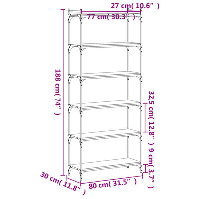 vidaXL Bookcase 6-Tier Smoked Oak 80x30x188 cm Engineered Wood