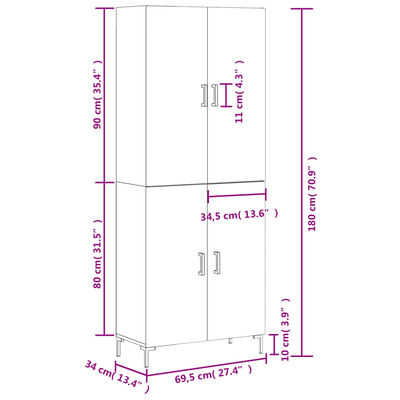 vidaXL Highboard Grey Sonoma 69.5x34x180 cm Engineered Wood