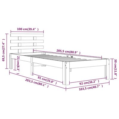 vidaXL Bed Frame without Mattress White Solid Wood 100x200 cm