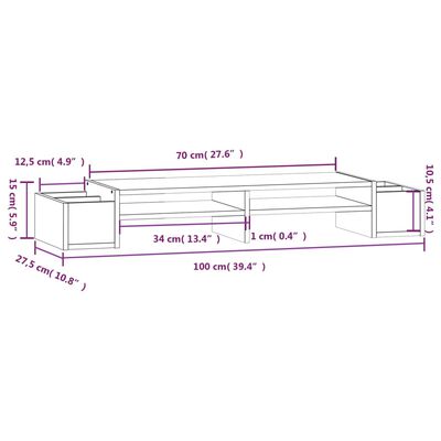 vidaXL Monitor Stand Grey 100x27.5x15 cm Solid Wood Pine