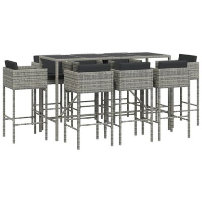 vidaXL 9 Piece Garden Bar Set with Cushions Grey Poly Rattan