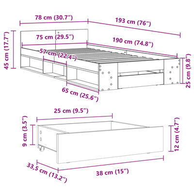 vidaXL Bed Frame with Drawer without Mattress Concrete Grey 75x190 cm Small Single