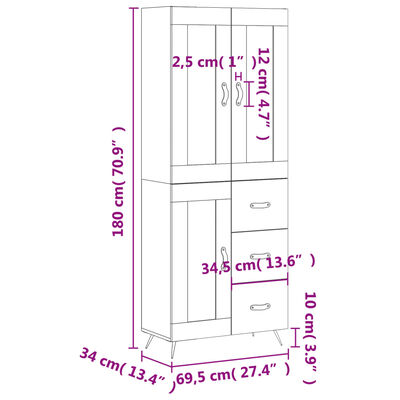 vidaXL Highboard Black 69.5x34x180 cm Engineered Wood